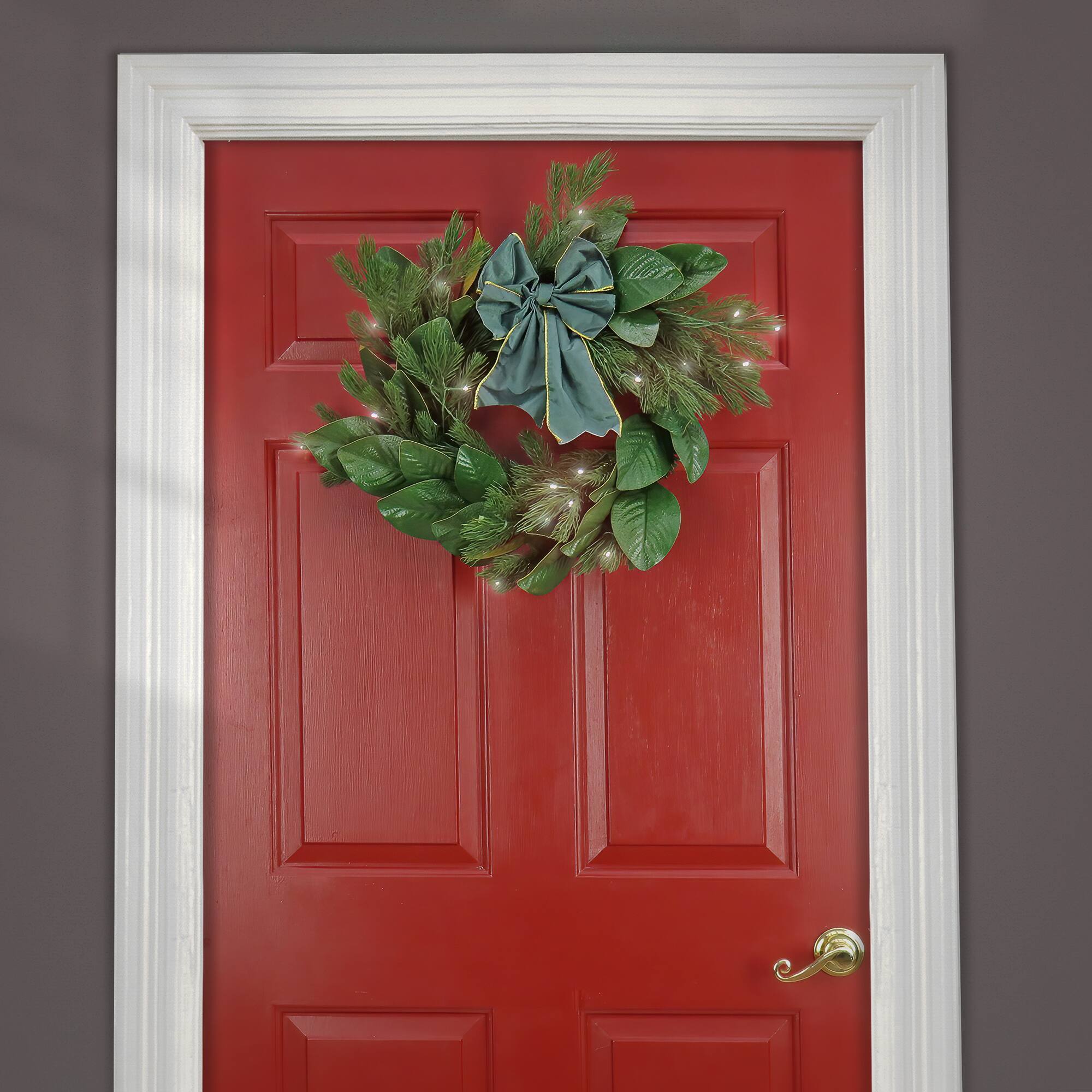 24'' LED Magnolia Mix Pine Wreath with Fabric Bow